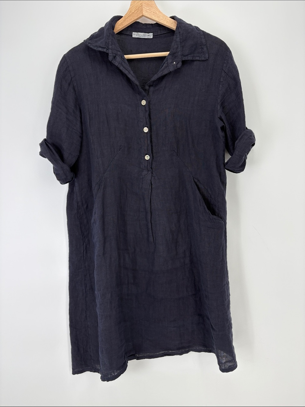 🎲 Elena Baldi Navy Linen popover  Dress w pockets